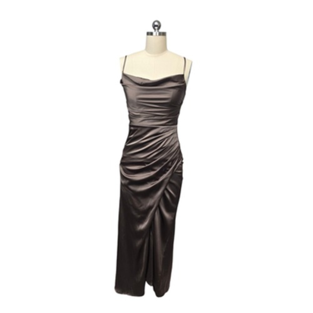 Birdy Grey Dress Womens XS Brown Satin Cowl Neck Ruched Midi Bridesmaid Formal